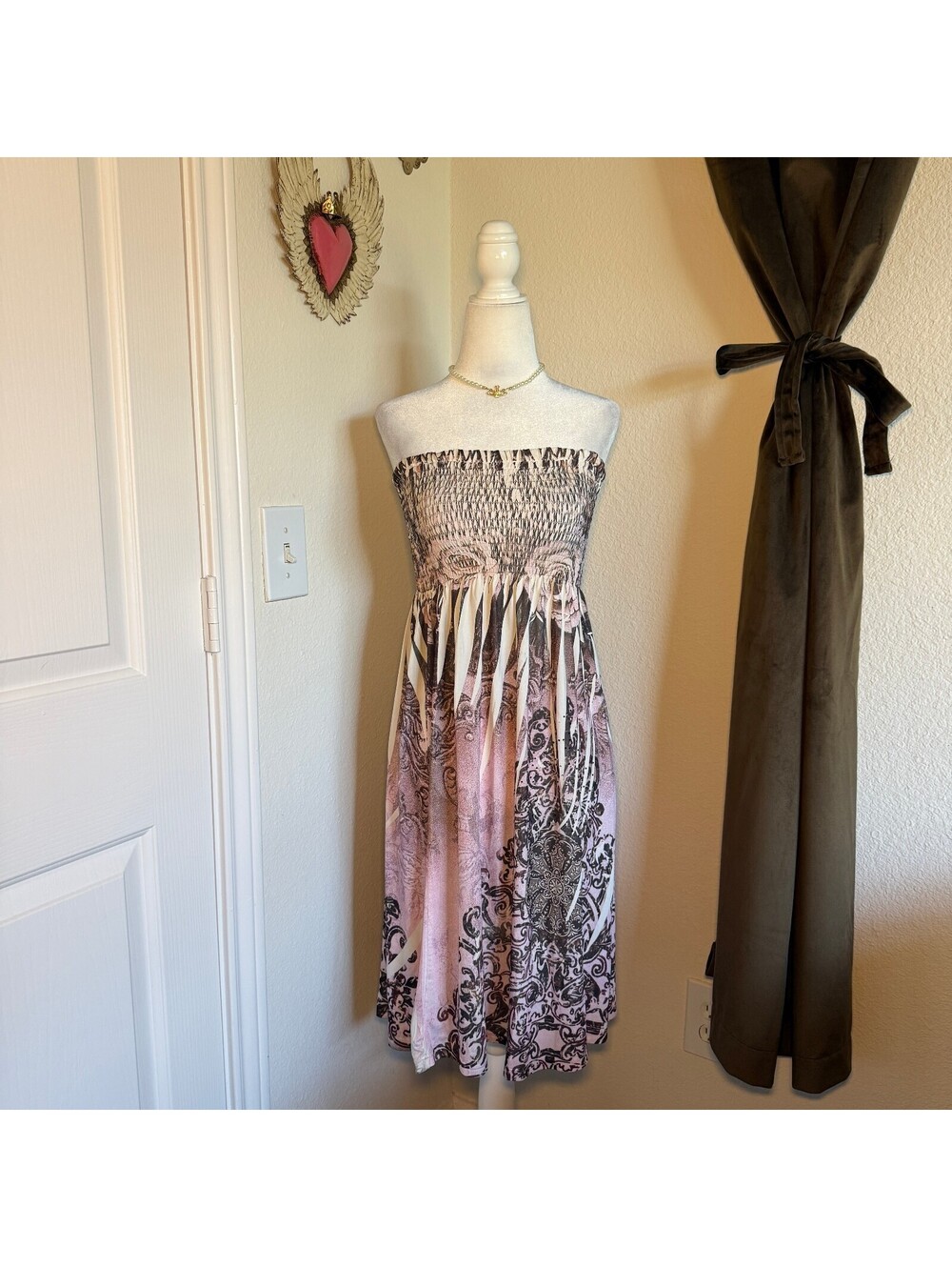 Y2K Rhinestone Embellished Pink Cristinalove Bohemian Chic Strapless Dress Sz L